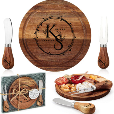 Wooden Circle Cheese Board with Knives Thumbnail